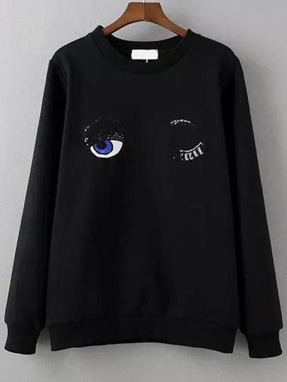 Shein Black Crew Neck Sequined Eye Embroidered Sweatshirt