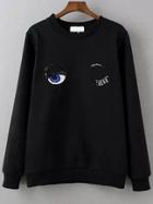 Shein Black Crew Neck Sequined Eye Embroidered Sweatshirt