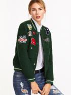 Shein Green Striped Trim Textured Bomber Jacket With Patch Detail