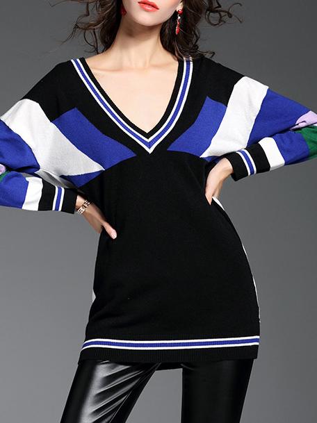 Shein Black Deep V Neck Color Block Sweater