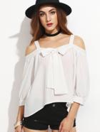 Shein White Bow Tie Front Cold Shoulder Top