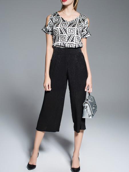 Shein Black V Neck Open Shoulder Top With Pants