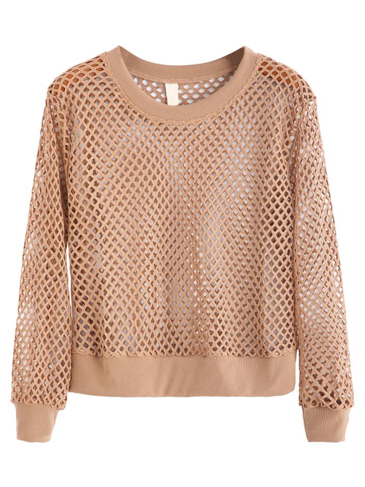 Shein Khaki Lattice Casual Sweatshirt