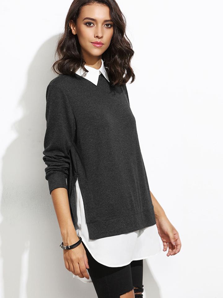 Shein Contrast Collar Curved Hem 2 In 1 Pullover