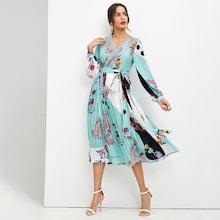 Shein Mixed Print Surplice Neck Pleated Belted Dress