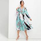 Shein Mixed Print Surplice Neck Pleated Belted Dress