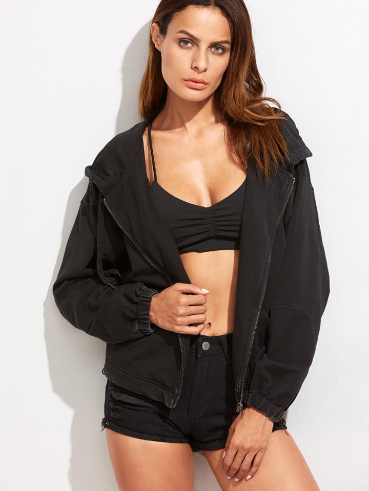 Shein Black Zipper Up Hooded Jacket