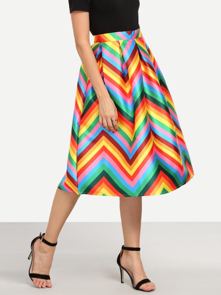 Shein Colorful Chevron Print Box Pleated Midi Skirt