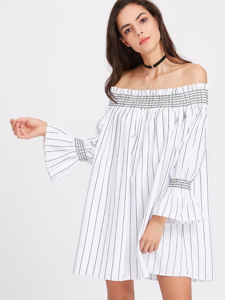 Shein Shirred Neck And Bell Cuff Striped Trapeze Dress