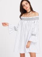 Shein Shirred Neck And Bell Cuff Striped Trapeze Dress