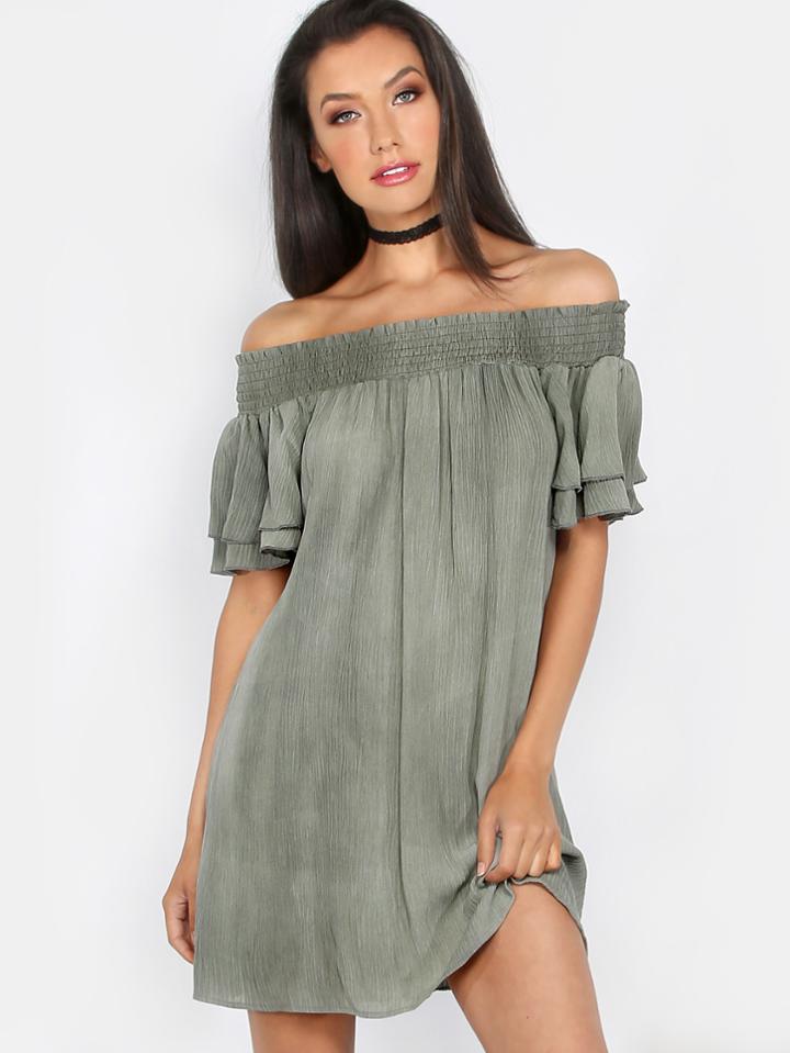 Shein Off The Shoulder Crepe Dress Olive