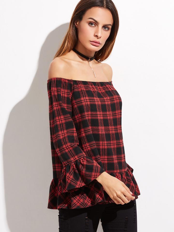 Shein Off The Shoulder Plaid Ruffle Top