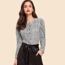 Shein Band Collar Button Up Leopard Blouse