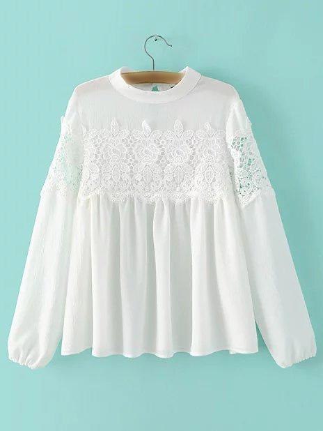 Shein White Band Collor Crochet Lace Blouse