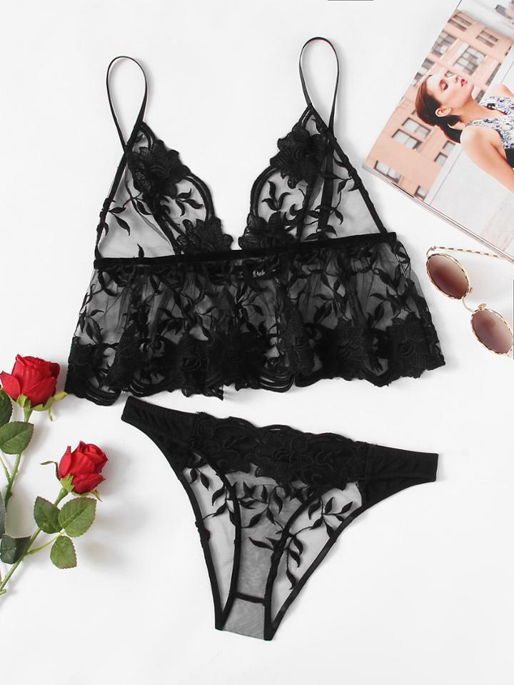 Shein Embroidered Mesh Ruffle Cami & Panty Pajama Set