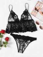 Shein Embroidered Mesh Ruffle Cami & Panty Pajama Set