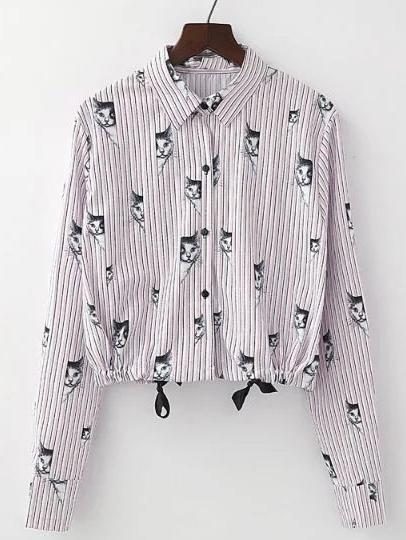 Shein Pink Striped Cat Print Drawstring Hem Blouse