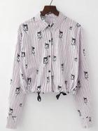 Shein Pink Striped Cat Print Drawstring Hem Blouse