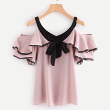 Shein Tie Neck Tiered Ruffle Blouse