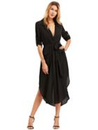 Shein Black Lapel Self-tie High Low Chiffon Dress With Pockets