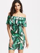 Shein Green Tropical Print Ruffle Off The Shoulder Bodycon Dress