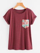 Shein Contrast Watermelon Print Pocket Cuffed Marled Tee