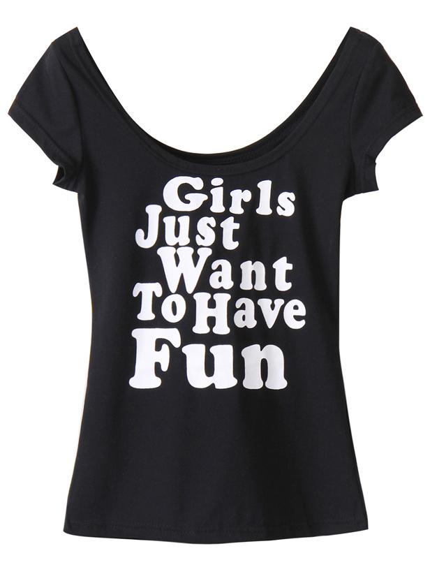 Shein Black Scoop Neck Letter Print T-shirt
