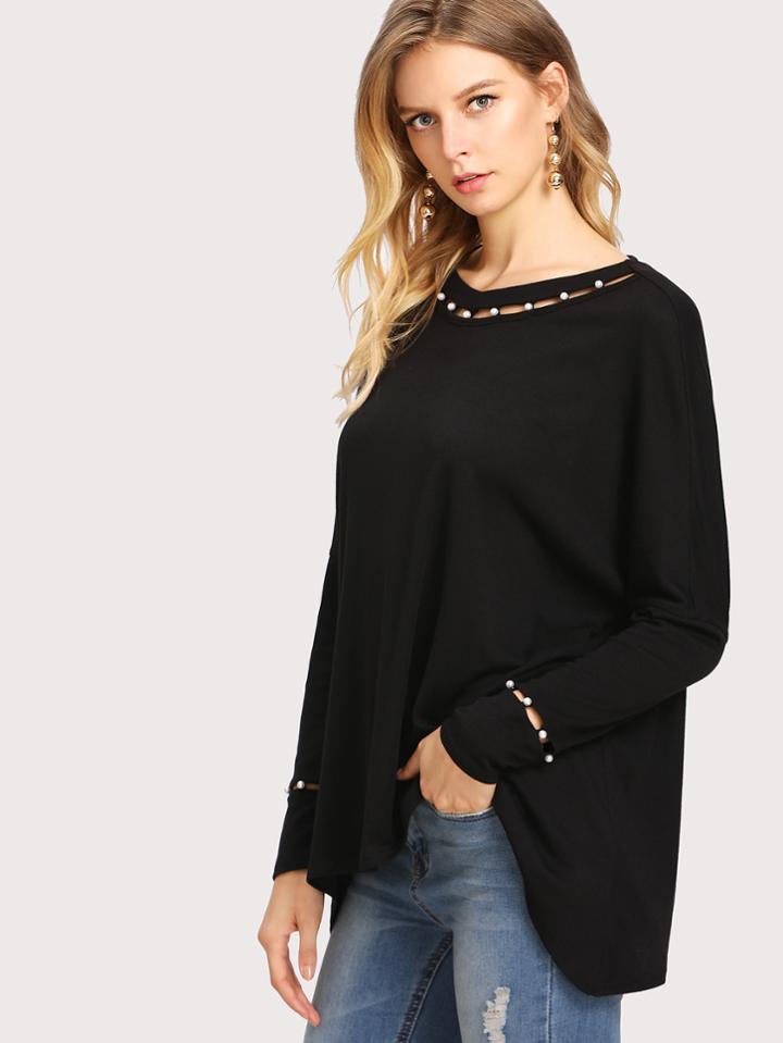 Shein Cutout Pearls Embellished Tee
