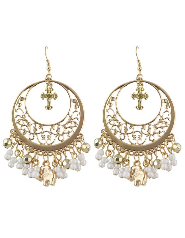 Shein White Ethnic Style Beads Tassel Large Chandelier Earrings