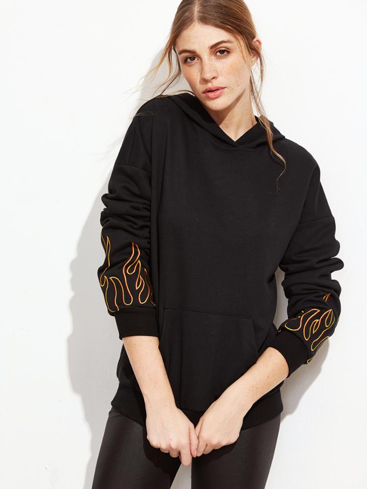Shein Flame Print Drop Shoulder Hoodie With Pocket