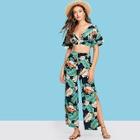 Shein Tropical Print Plunging Neck Knot Hem Top And Palazzo Pants Set