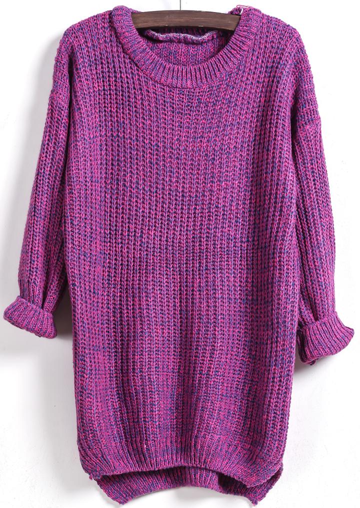 Shein Purple Long Sleeve Dipped Hem Loose Sweater