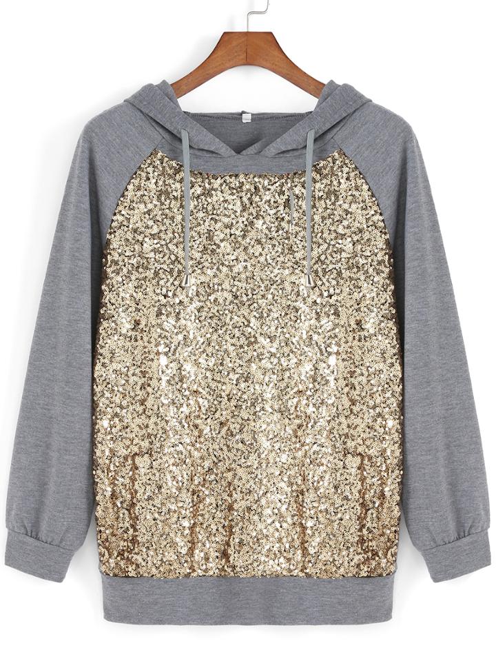 Shein Grey Hooded Long Sleeve Sequined Loose Sweatshirt