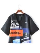 Shein Black V Neck Astronaut Print T-shirt