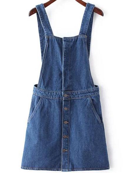 Shein Blue Single Breasted Denim Suspender Dress