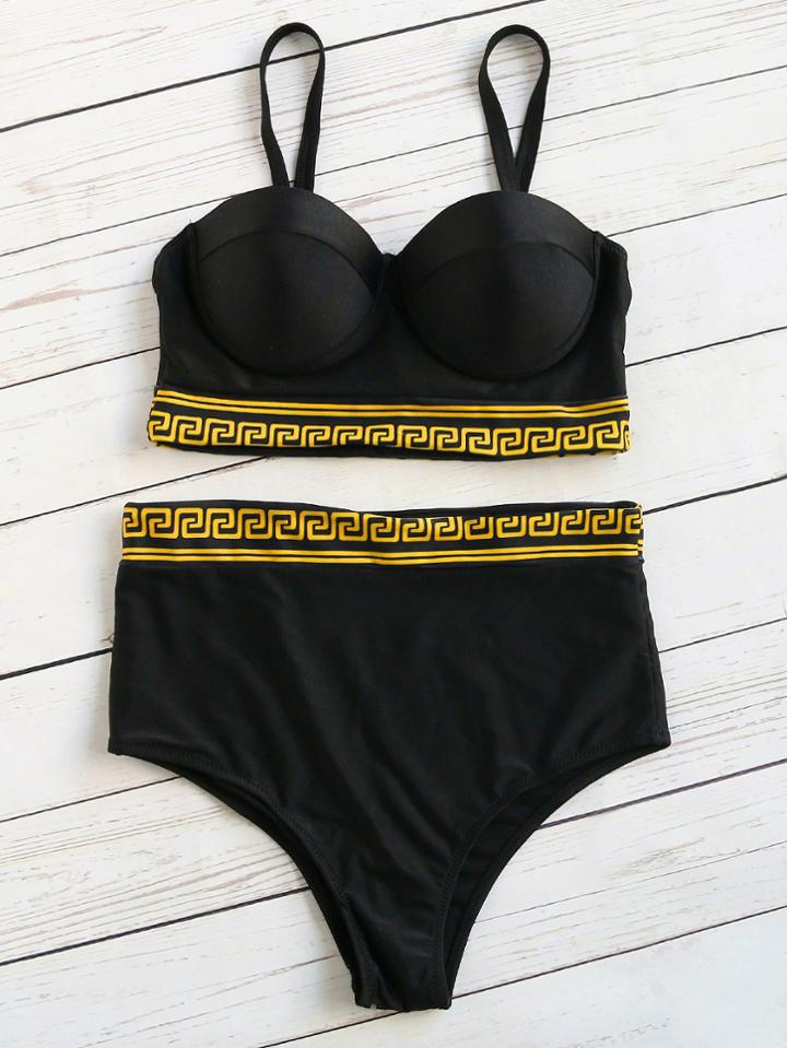 Shein Black Contrast Trim High Waist Bustier Bikini Set