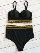 Shein Black Contrast Trim High Waist Bustier Bikini Set