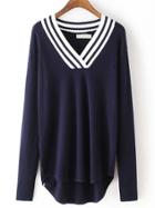 Shein Navy V Neck Striped Loose Knitwear