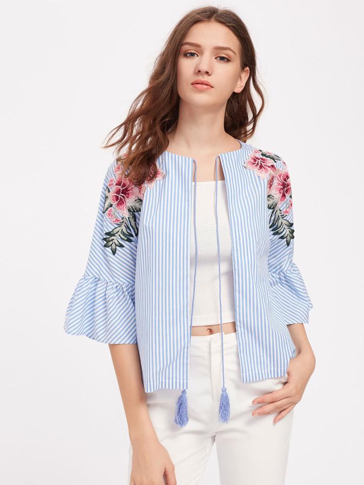 Shein Embroidered Flower Patch Fluted Sleeve Tassel Tie Blouse