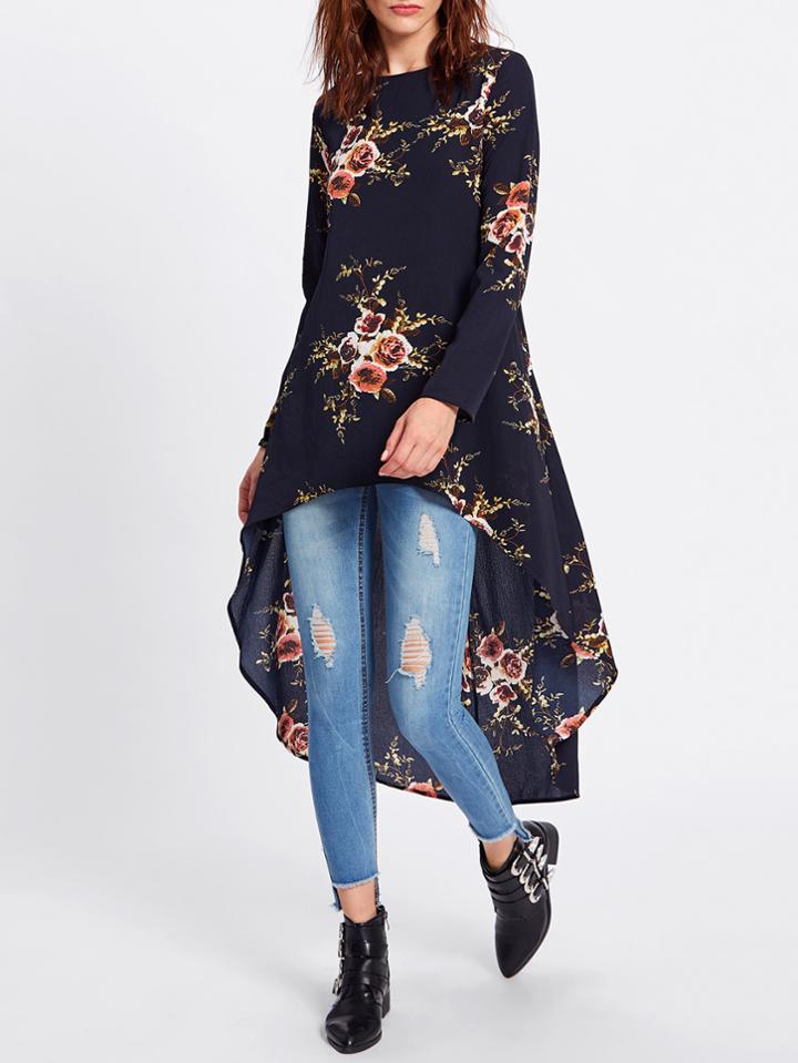 Shein Flower Print Dip Hem Longline Trapeze Top