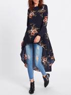 Shein Flower Print Dip Hem Longline Trapeze Top