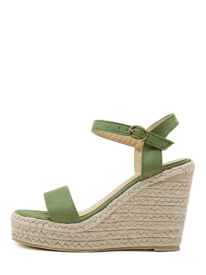 Shein Green Peep Toe Buckle Faux Suede Wedge Heels