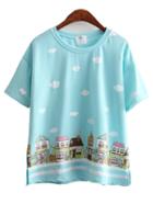 Shein House Print Split Blue T-shirt