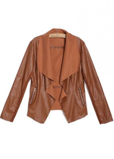 Rosewe Turndown Collar Brown Pu Long Sleeve Jacket