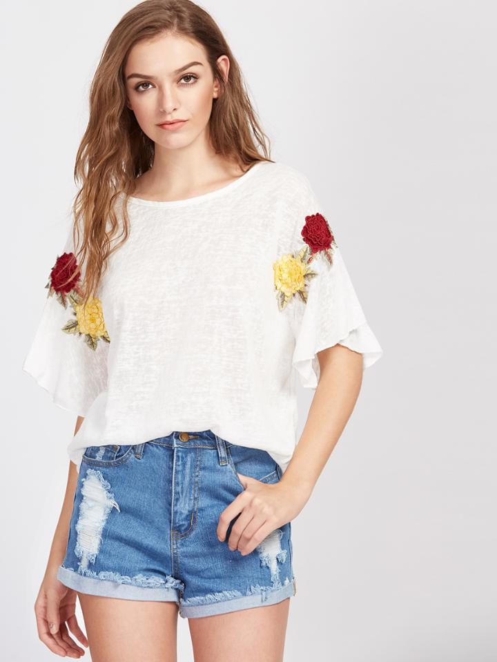 Shein 3d Flower Patch Tie Back Tee