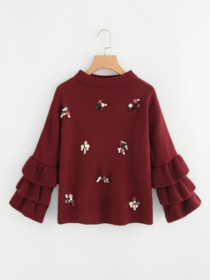 Shein Sequin Detail Tiered Bell Cuff Sweater