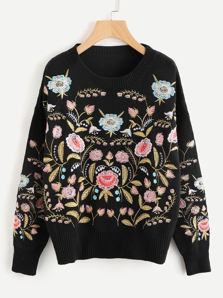 Shein Symmetric Botanical Embroidered Jumper