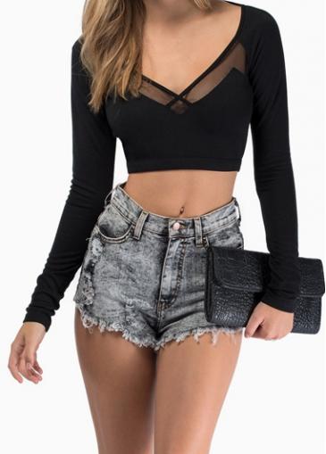 Rosewe Black Long Mesh Panel V Neck Crop Top