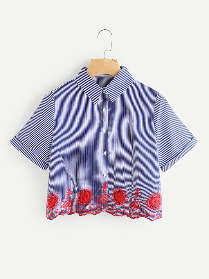 Shein Hollow Out Embroidery Scallop Hem Striped Shirt