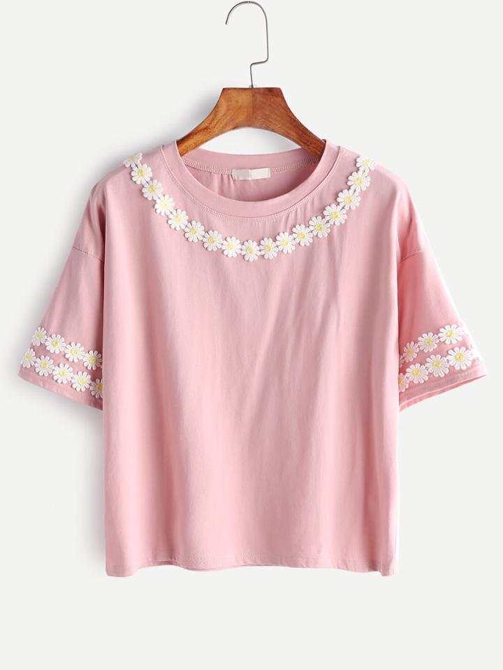 Shein Daisy Applique Drop Shoulder Tee